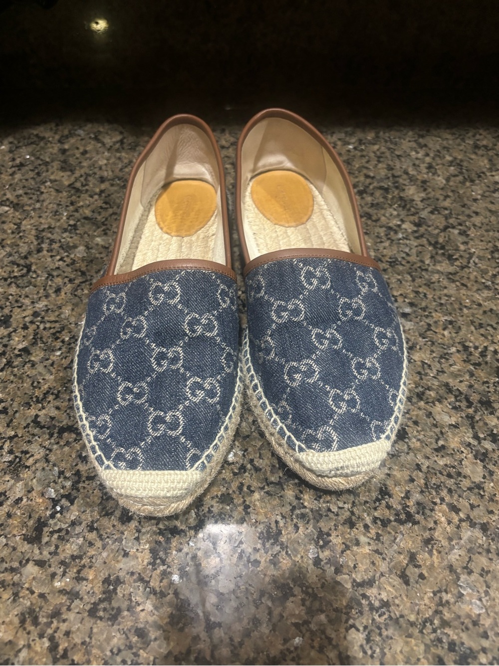 Gucci Denim Logo Espadrilles with Brown leather Trim